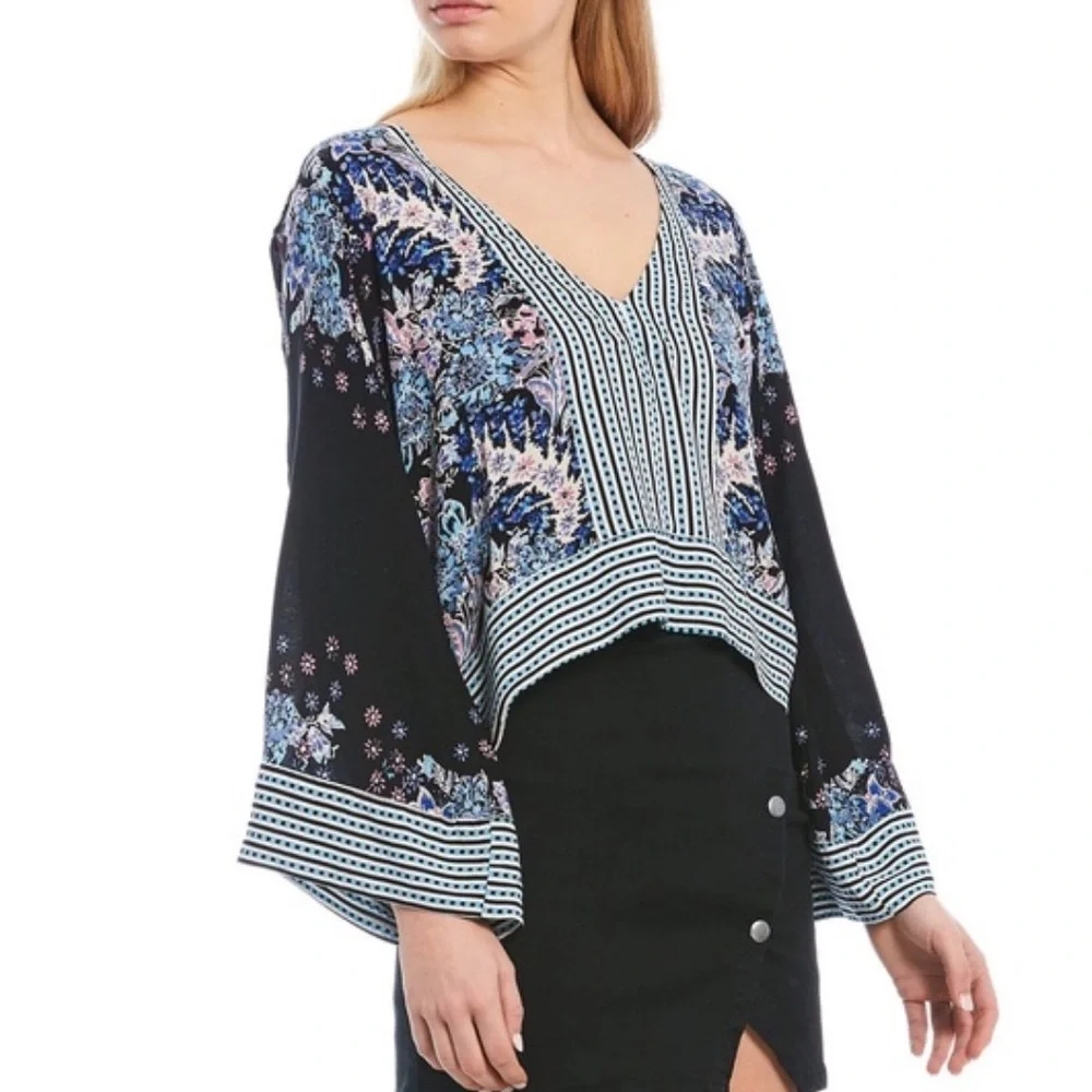 Free People Mixed Print Top in Black Combo, Size M - Picture 4 of 17